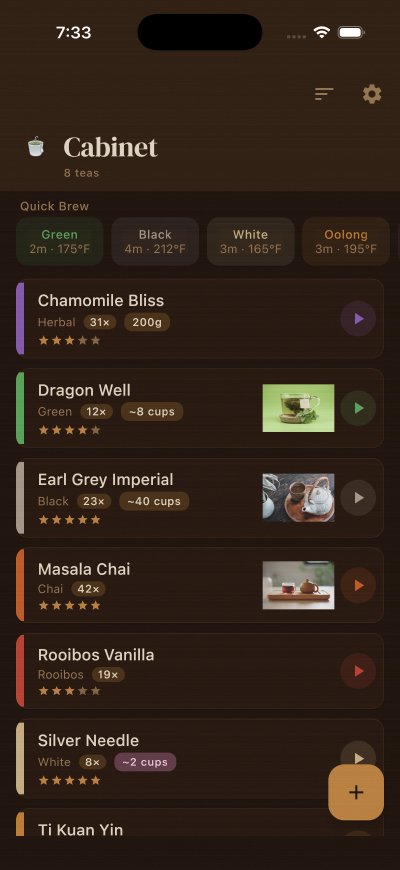 TeaCabinet home screen with tea collection, storage badges, and Quick Brew presets