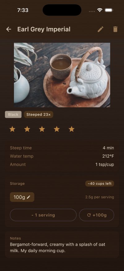 Earl Grey Imperial detail — storage card, cups remaining, brew parameters