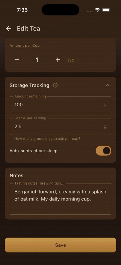 Edit tea form with collapsible storage tracking section