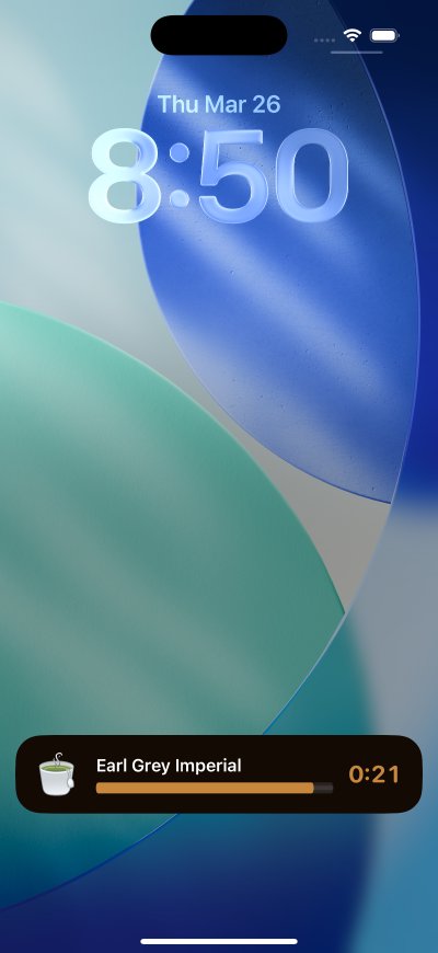 Lock screen Live Activity showing Earl Grey Imperial steeping with progress bar