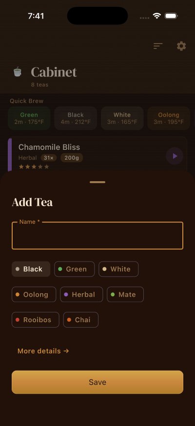 Quick Add bottom sheet with tea type chips