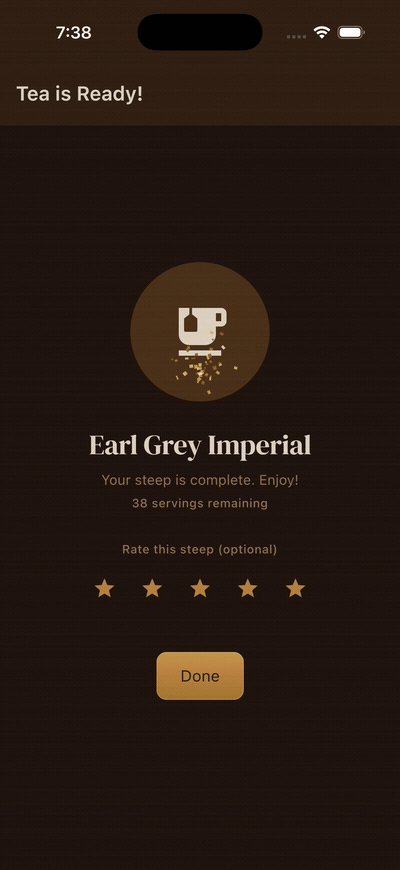 Tea ready celebration animation with confetti and star rating